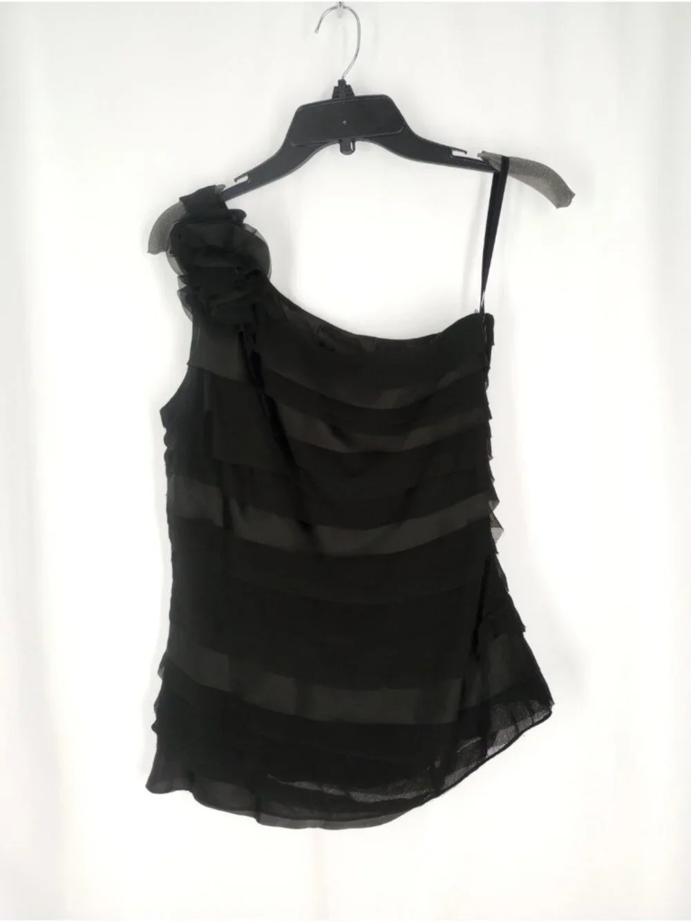White House Black Market Black One Shoulder Top 6 S Silky Chiffon Layered Dressy